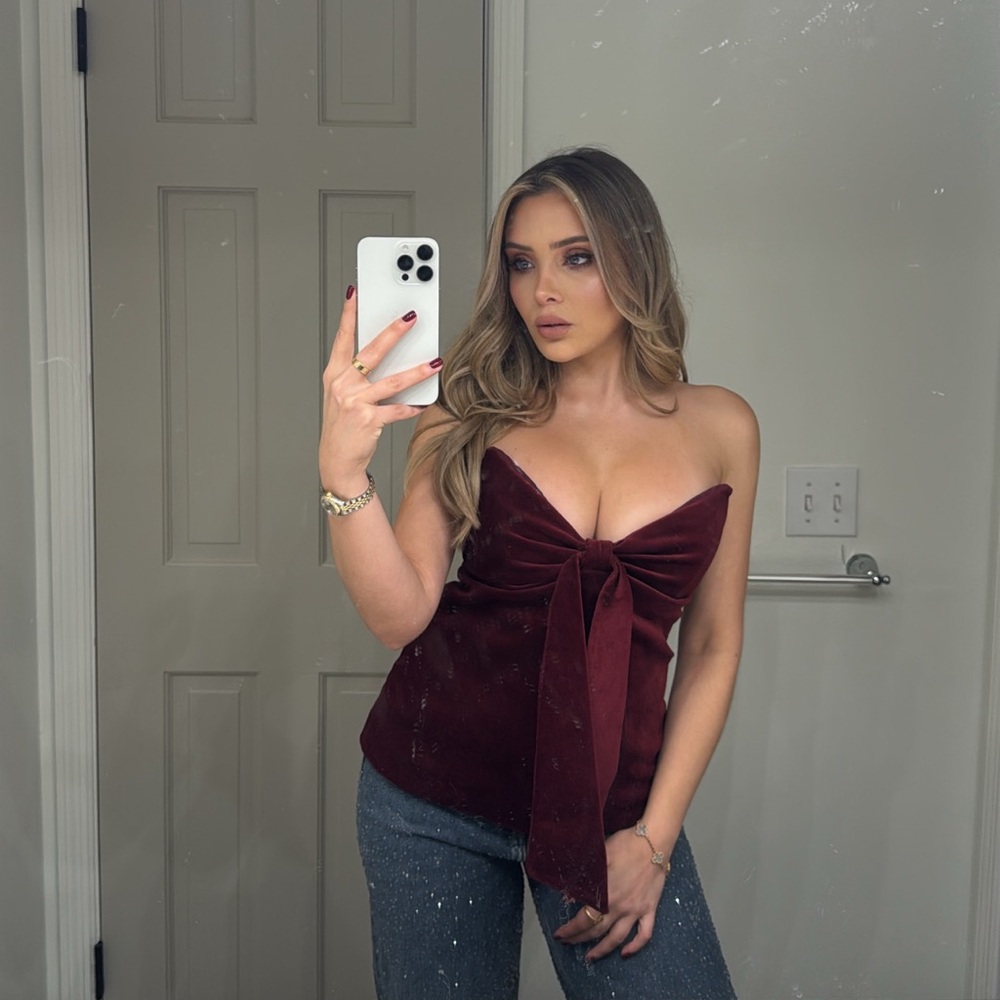 NWT Zara Burgundy Intense Red Bow Velvet Top